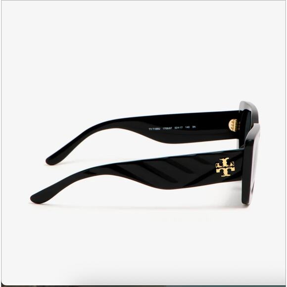 Tory Burch Kira Quilted Geometric Sunglasses | Black Acetate | Logo Gold Detail - Picture 12 of 16